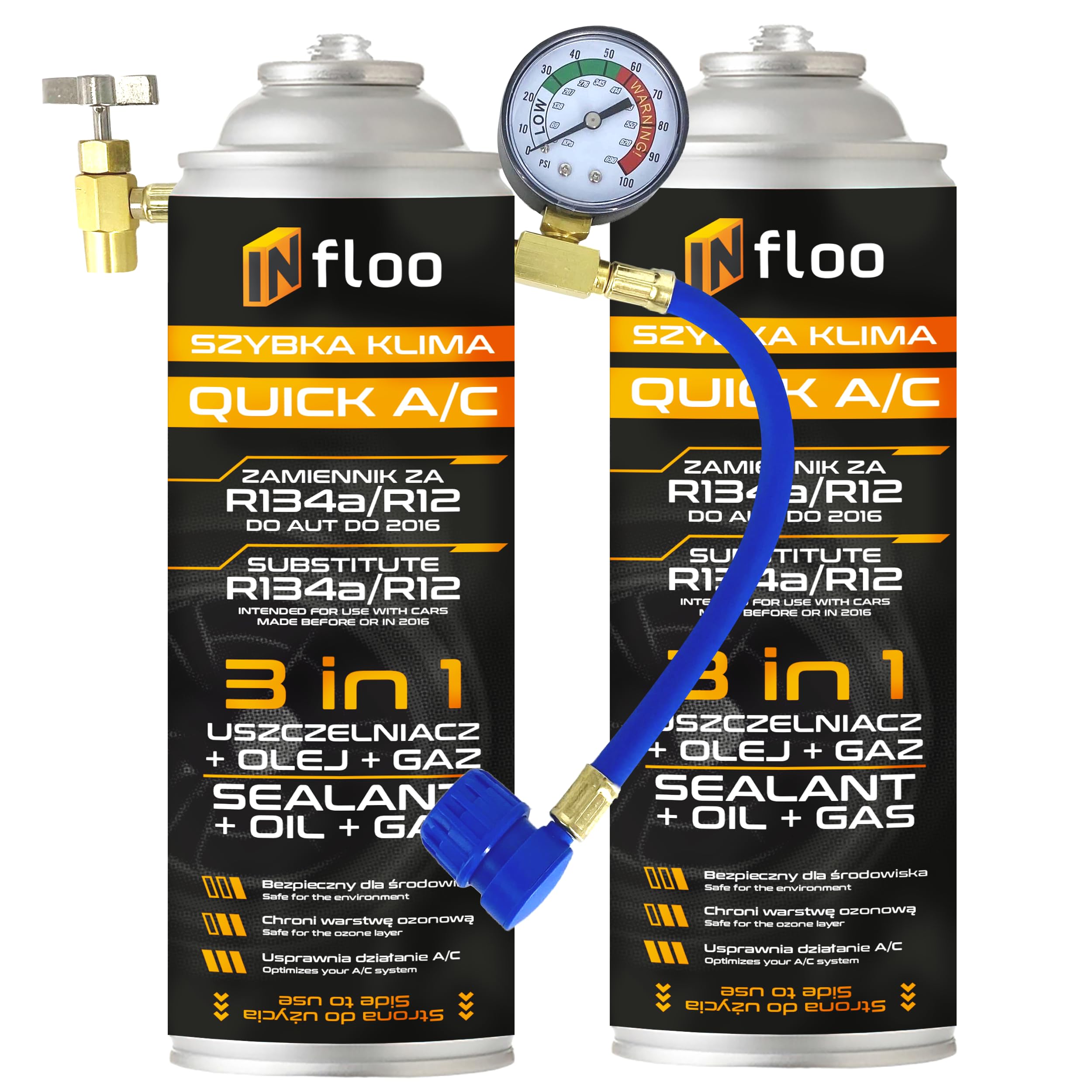 INfloo Quick A/C R134a 3-en-1 (Gaz + Huile + Scellant) + Gaz R134a