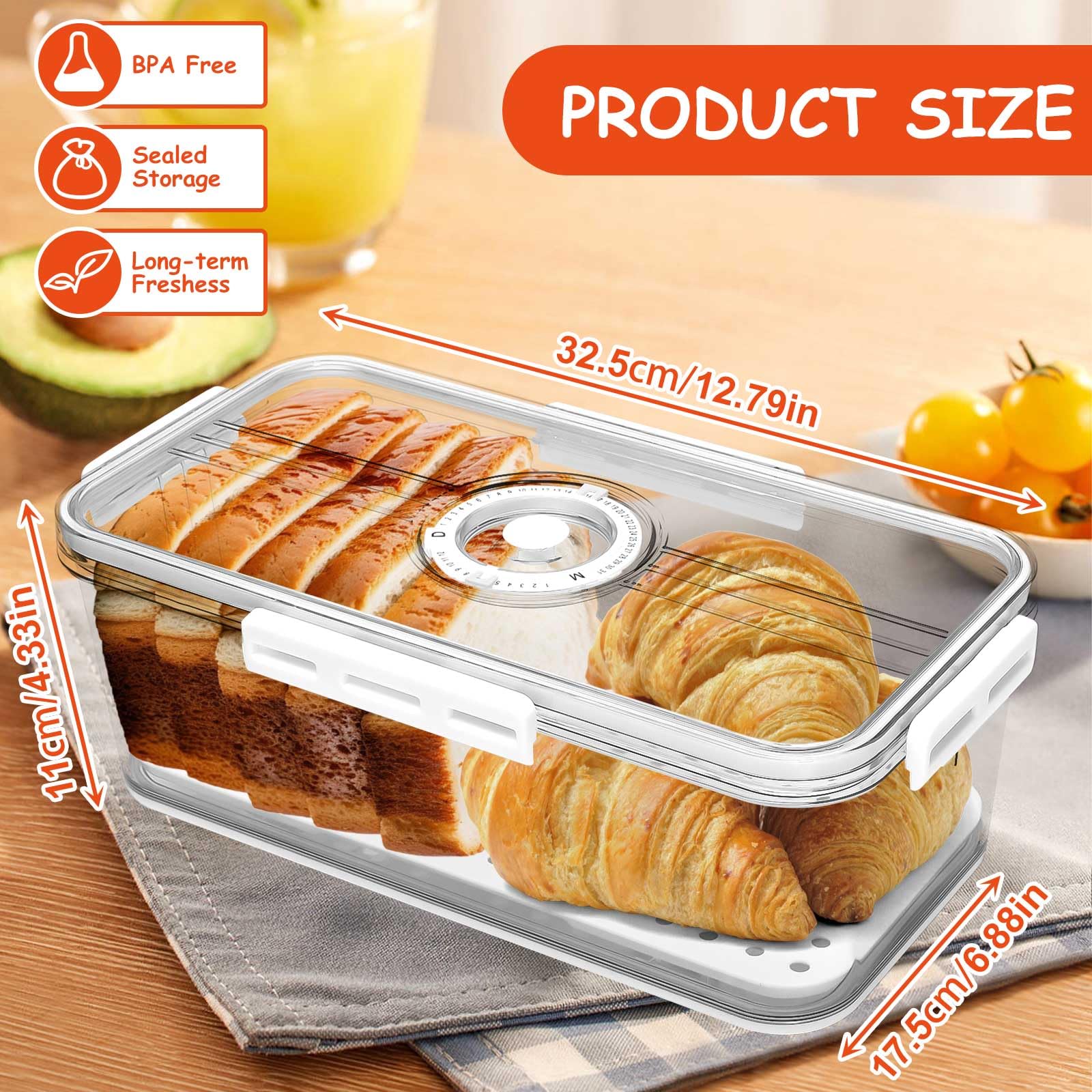 Bread Box for Kitchen Counter Airtight,Bread Boxes for Homemade Bread,Time Recording Bread Storage Container with Lid, Bread Keeper for Toast, Bagel, Donut and Cookies (white)
