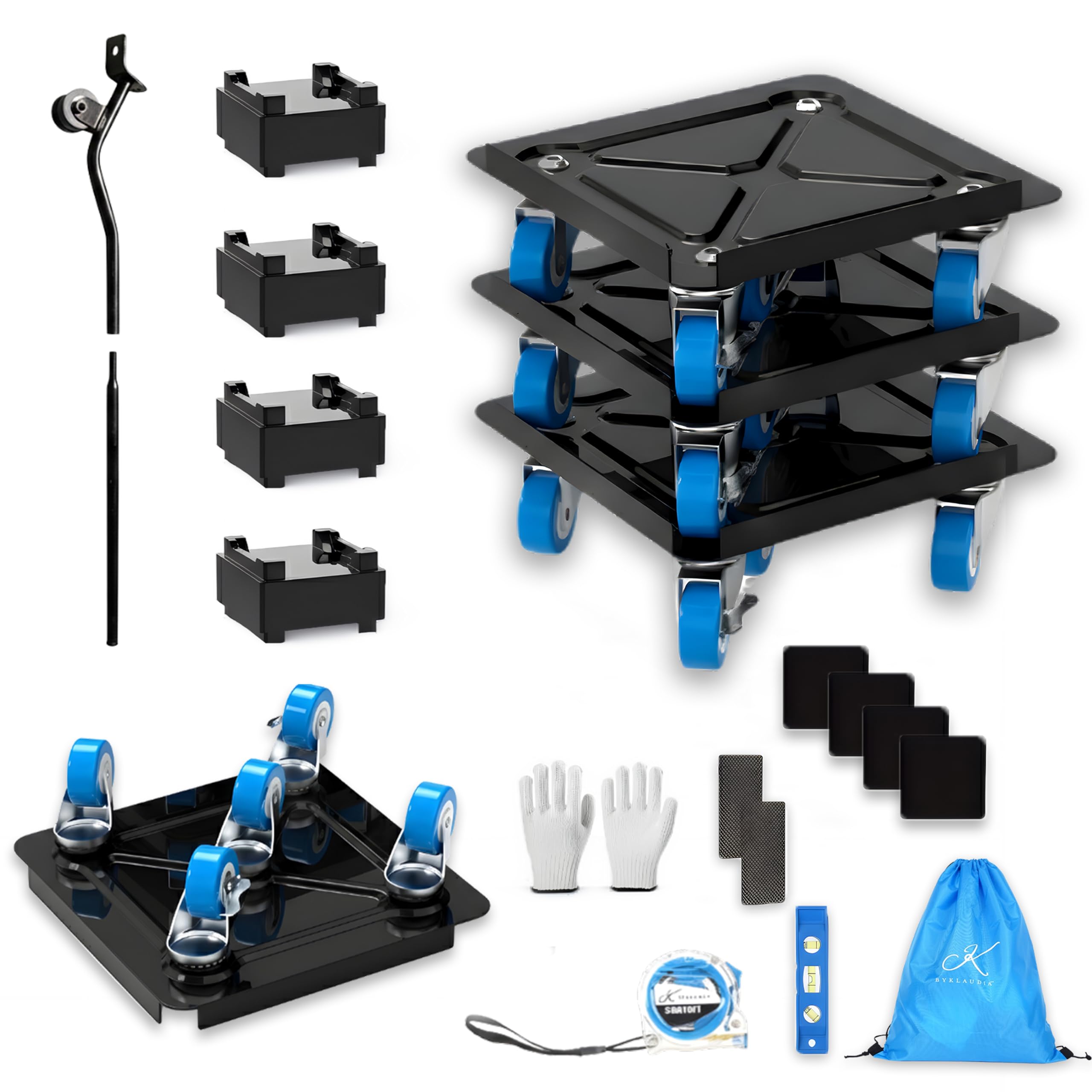 BYKLAUDIA Heavy Duty Furniture Dolly 360° Rotating 5 Wheels, Alloy Steel 3000 lbs Load Capacity Furniture Movers with Measuring Tape & Leveler