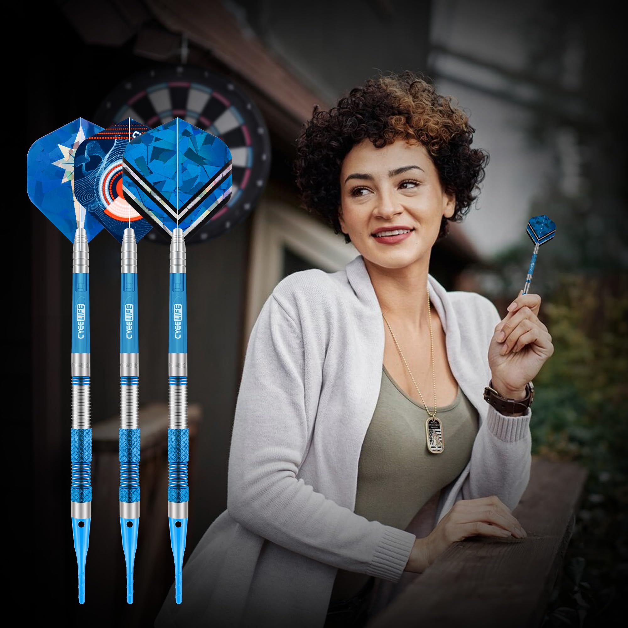 CyeeLife Freccette con Punta in plastica, 90% tungsteno, 3 Pezzi, 90% tungsteno, Freccette Professionali con volette, fusti e Punte (Blu)