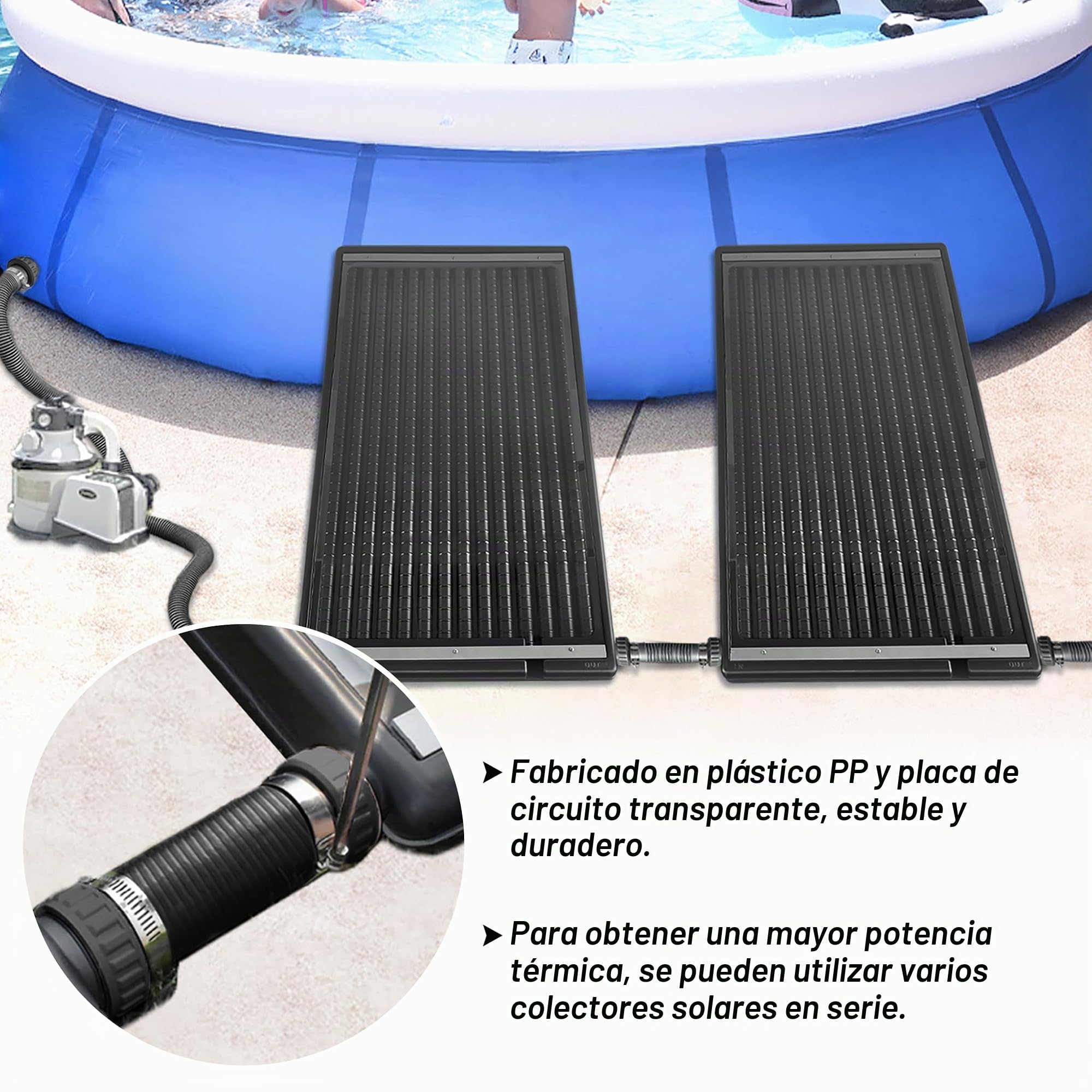 NAIZY Panel solar para calefacción de piscina, 111 x 66 x 6 cm, sistema de agua caliente con barra de apoyo y conexión de 5 cm de diámetro, calefacción solar para piscinas al aire libre