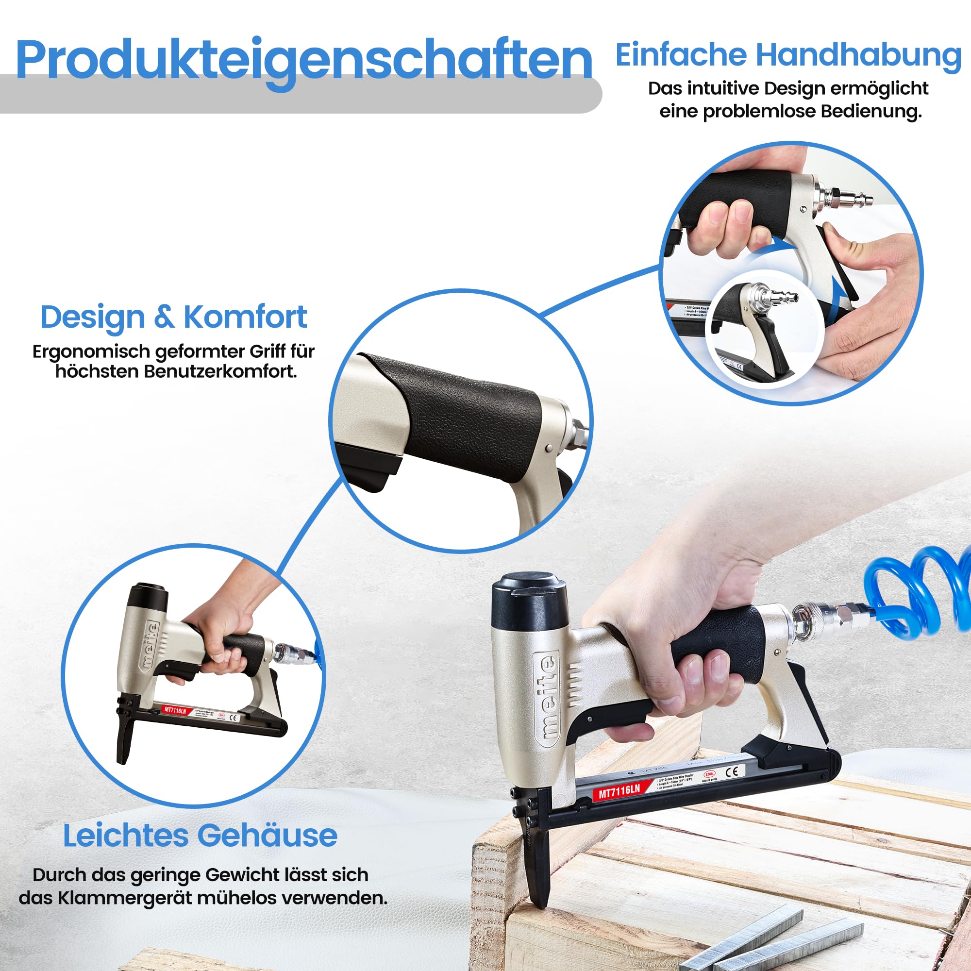 meite MT7116LN Drucklufttacker Typ 71 mit Langnase, Druckluftnagler für 6–16 mm 22Ga Klammern, Industrieller Feiner Langnasen-Drucklufttacker für Polster und Holzarbeiten