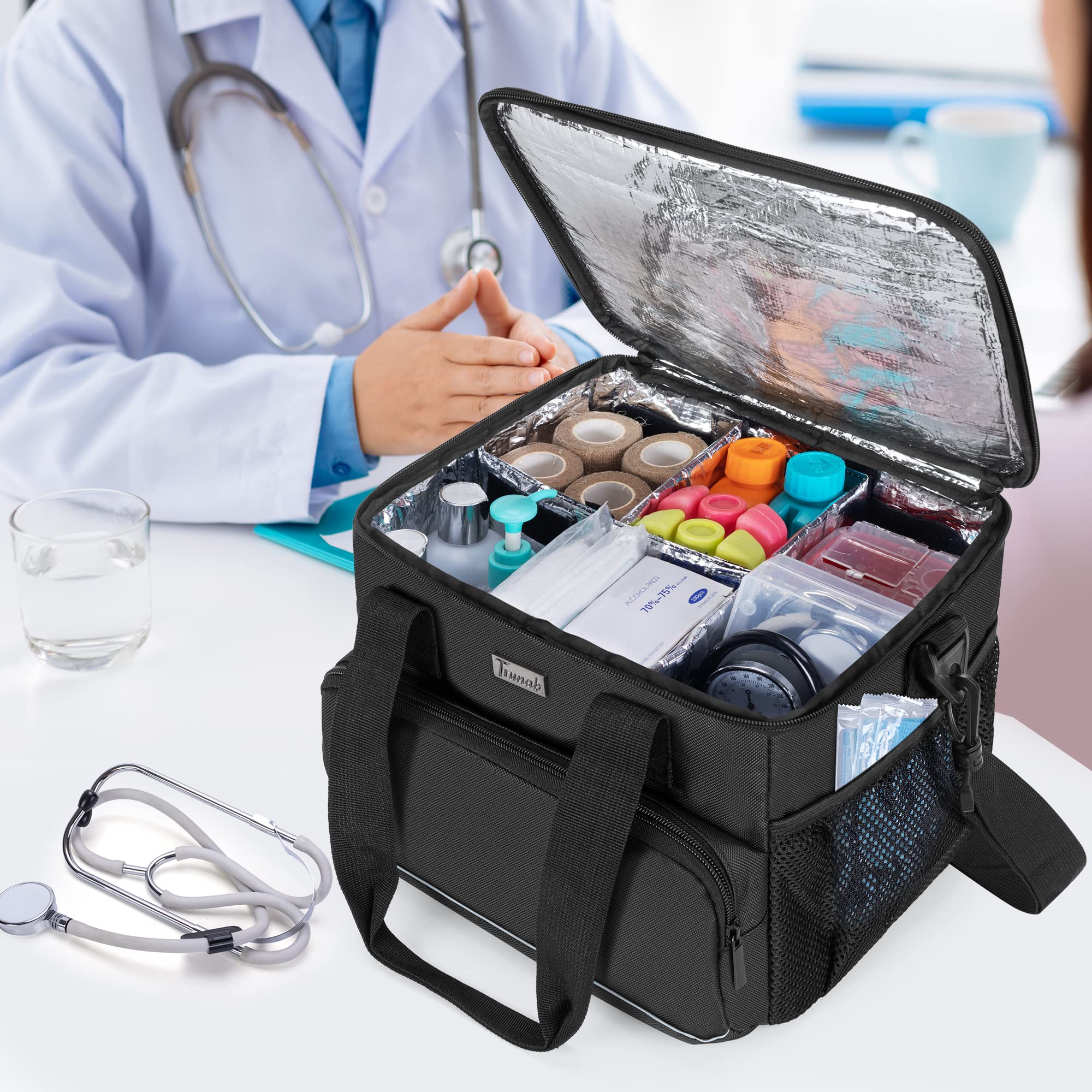 Trunab Bolsa Médica Aislada con Divisores Ajustables, Bolsa de Insulina Resistente al Agua para Hogar, Viajes y Campamentos, Diseño Patentado, Negro
