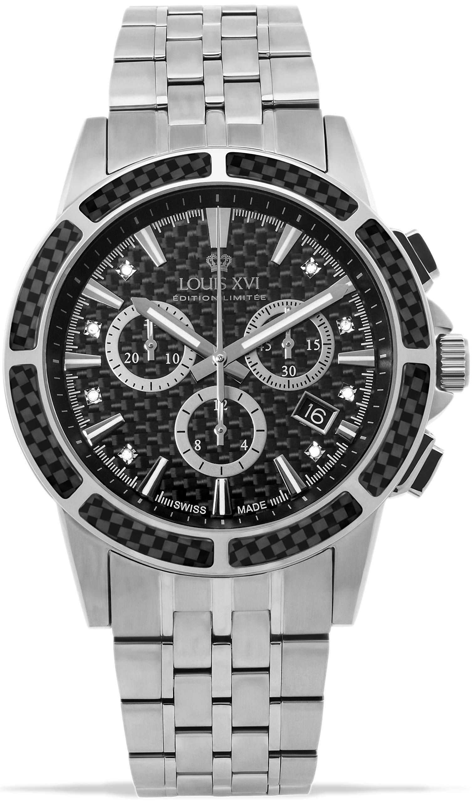LOUIS XVI Herren-Armbanduhr Majesté Stahlband Silber Schwarz Karbon echte Diamanten Chronograph Analog Quarz Edelstahl 1101