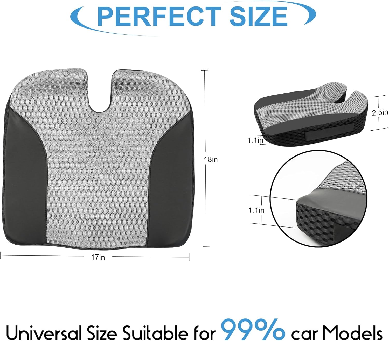 Car Seat Cushion, Comfortable Memory Foam Seat Pillow for Driving, Sciatica-Back Pain Relief, Cushion for Car-Truck, Office, Wheelchair - Large Black & Gray