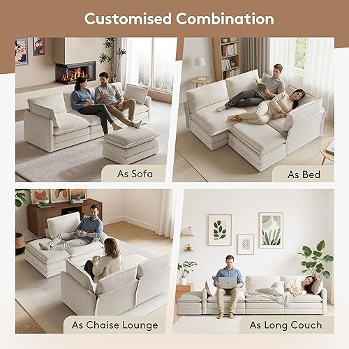 Miniatura 4 de Sofá modular moderno de 104 pulgadas para sala de estar, sofá de 4 asientos profundos con otomana móvil, sofá de pana en forma de L en color beige