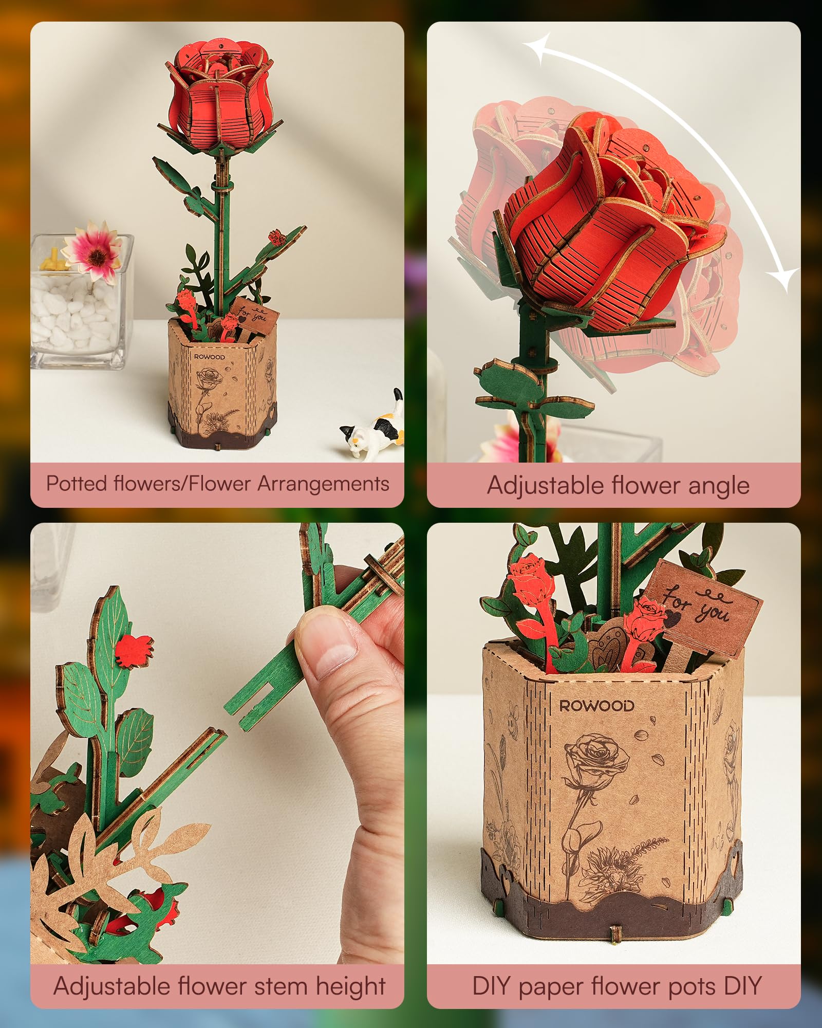ROWOOD Puzzle 3D Fai da te Fiore in Legno Kit Modellino di Fiori Artificiali Da Montare Per Adulti (Red Rose)
