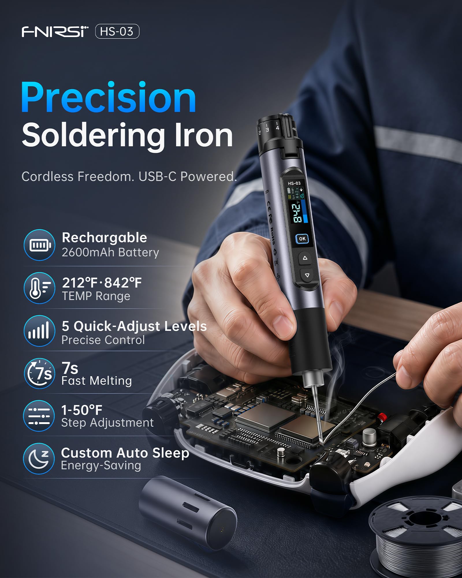 FNIRSI Kit de soldador inalámbrico HS-03, batería desmontable de 2600 mAh, 100.0-450.0 °C, ajuste de temperatura de 5 niveles, calor rápido de 3 segundos, pantalla IPS de 0.96 pulgadas, apagado