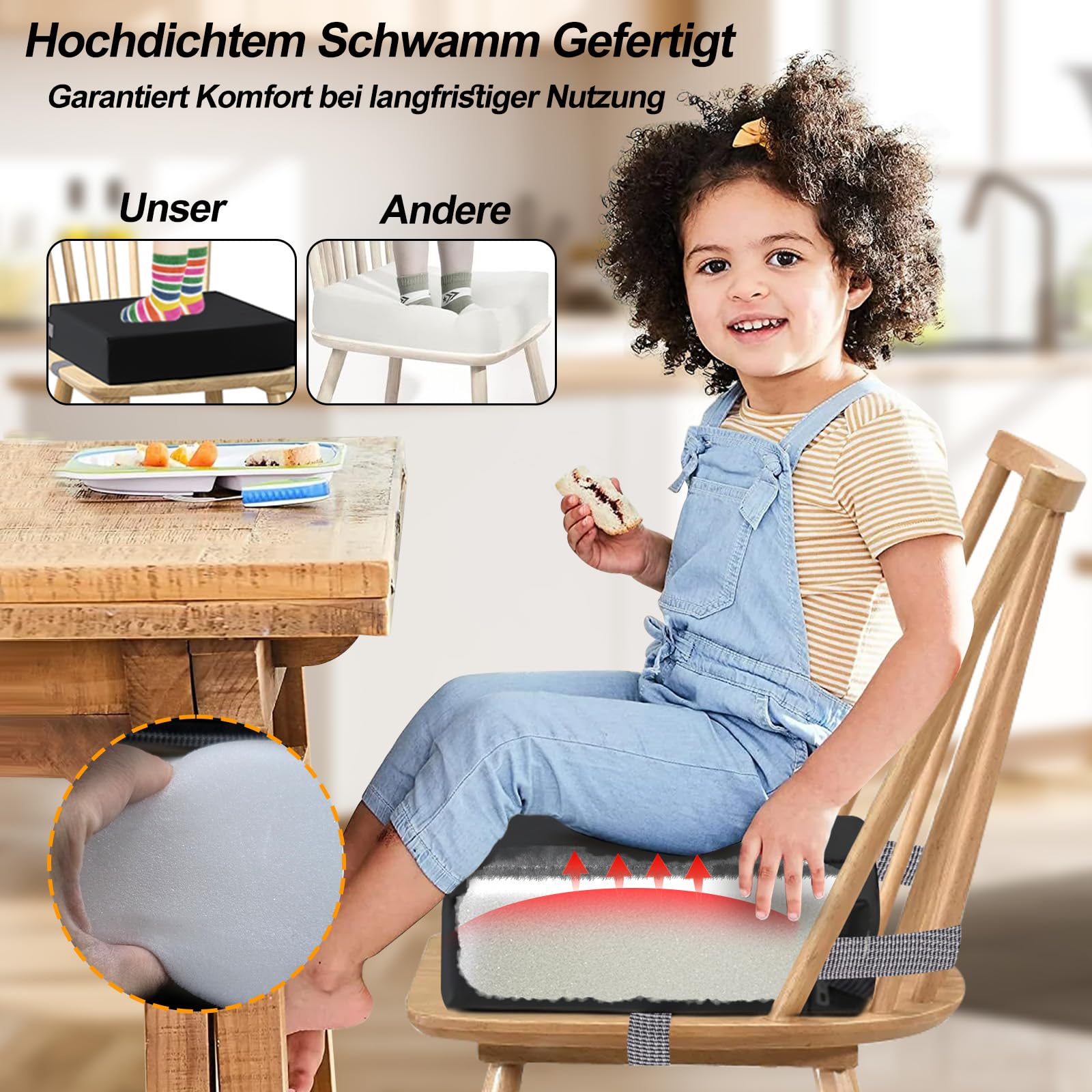 Sedia rialzata per bambini, in poliuretano, lavabile, smontabile, con 2 fibbie di sicurezza, antiscivolo, per tavolo da pranzo, baby booster Seat (nero)