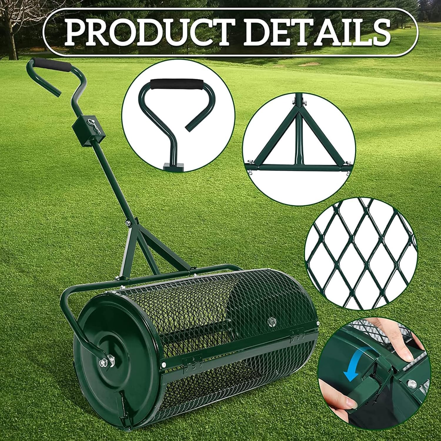 24In Compost Spreader for Lawn Garden,Heavy Duty Metal Mesh Roller Push/Tow Spreader, Upgraded Handle Durable Lightweight for Planting, Seeding