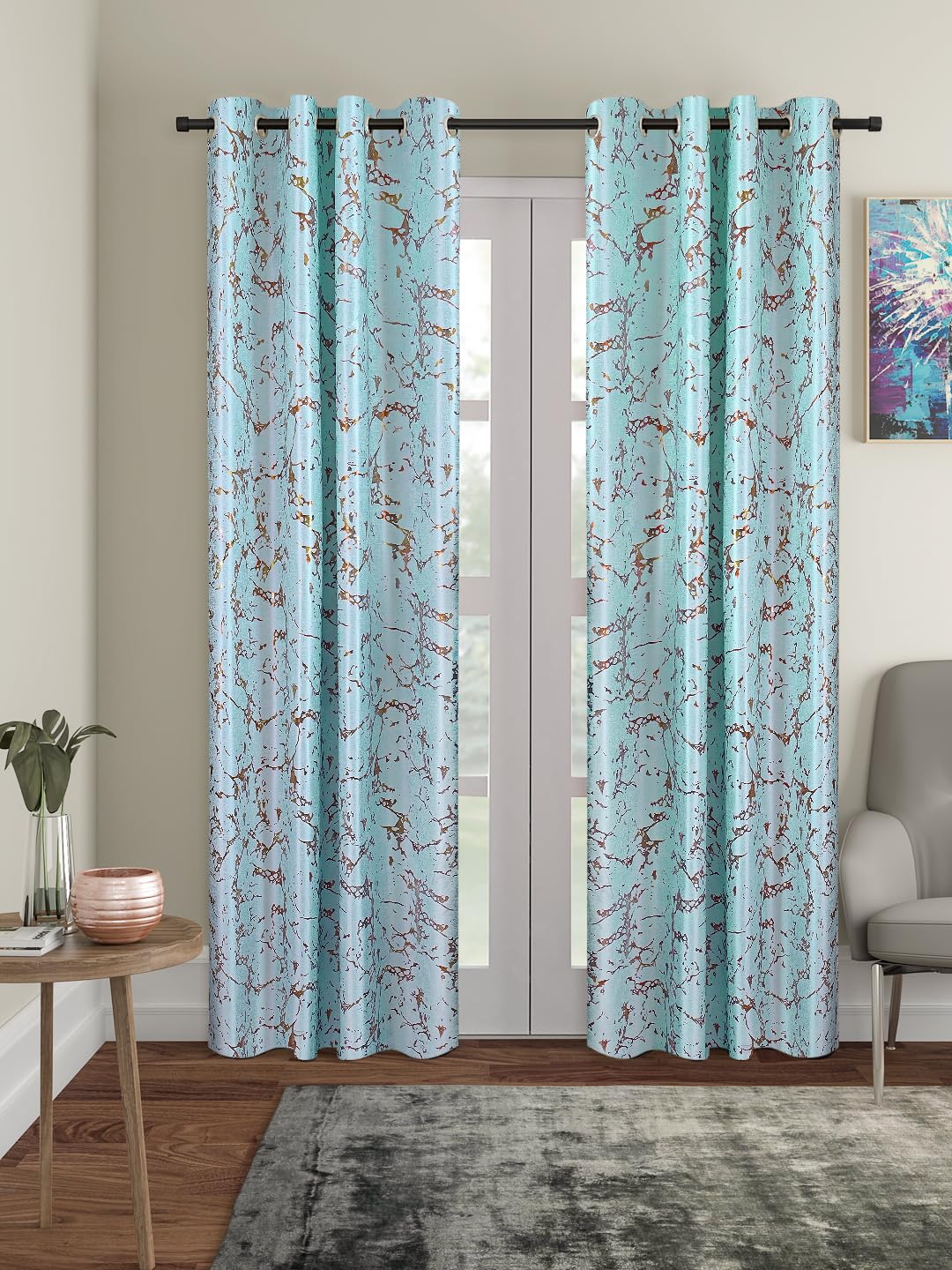 Amazon Brand - Solimo Polyester 75% Blackout Knitting Foil Door Curtains|Blackout Door Curtains|7 Feet|Set of 2|Abstract Print Design |for Living Room Kids Room and Bedroom |Blue|Light-Filtering