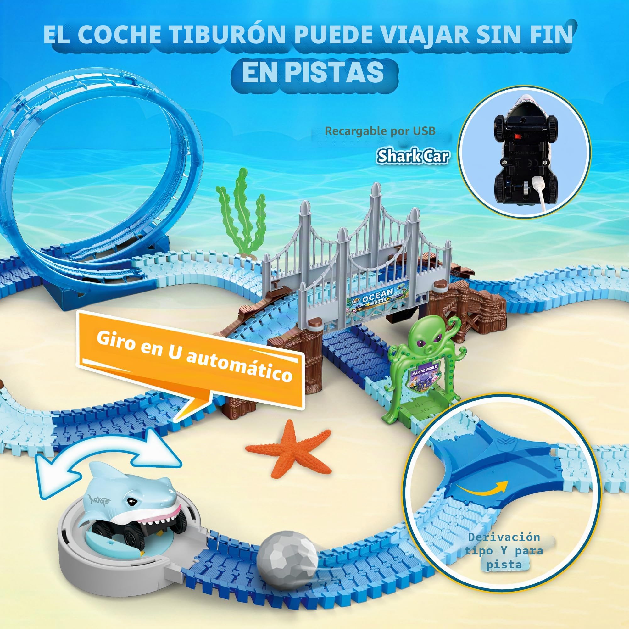 VATOS Shark Track Toys - Juego de pistas de carreras flexibles de 219 piezas con bucles de 360°, auto eléctrico de tiburón y rotación automática, crea una carrera de carretera temática de tiburón