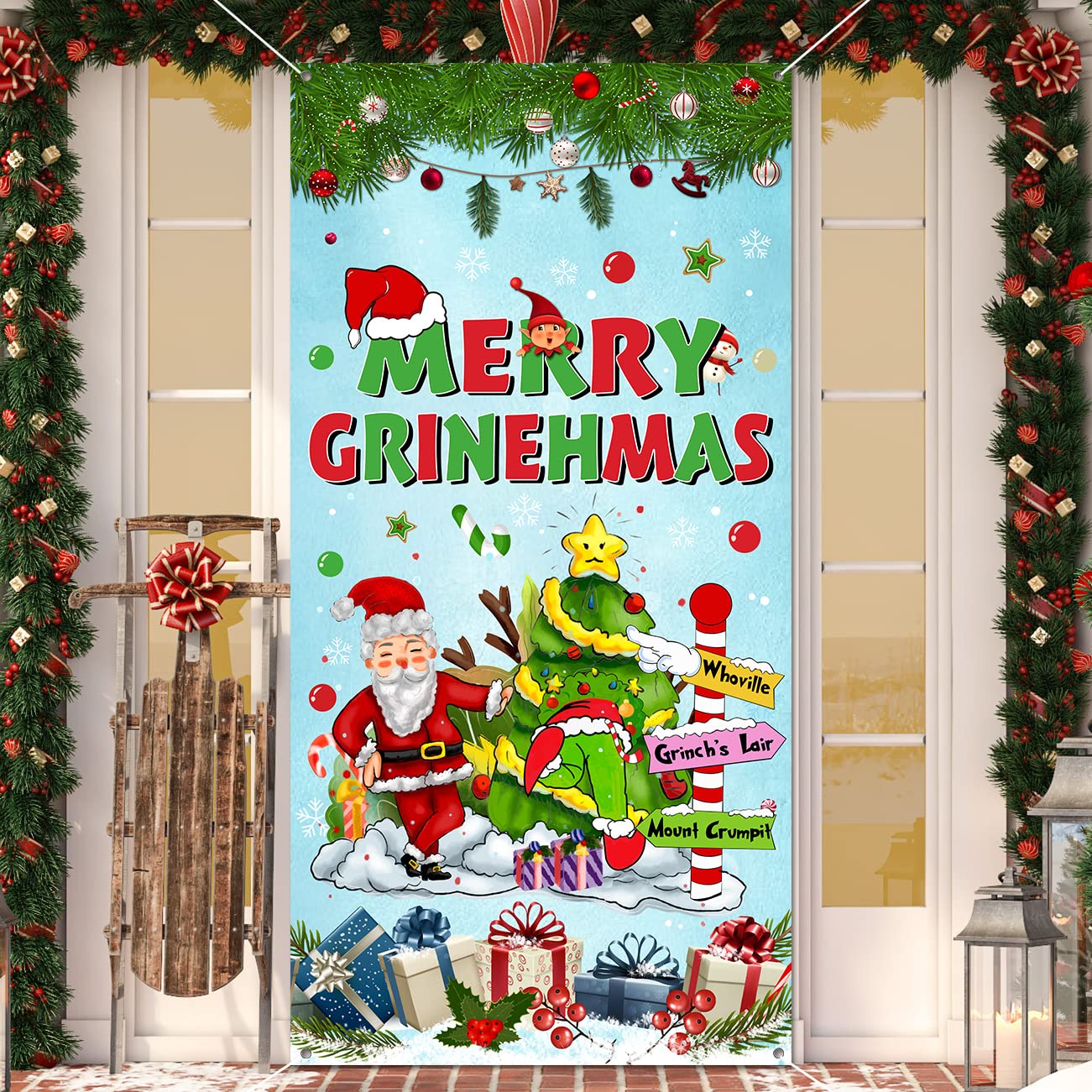 Photo 1 of Chinthie Christmas Party Decorations Merry Christmas Door Cover Backdrop with Santa Claus Xmas Tree Photo Props Hanging Banner for Indoor Outside Front Door Xmas Winter Holiday Party Supplies