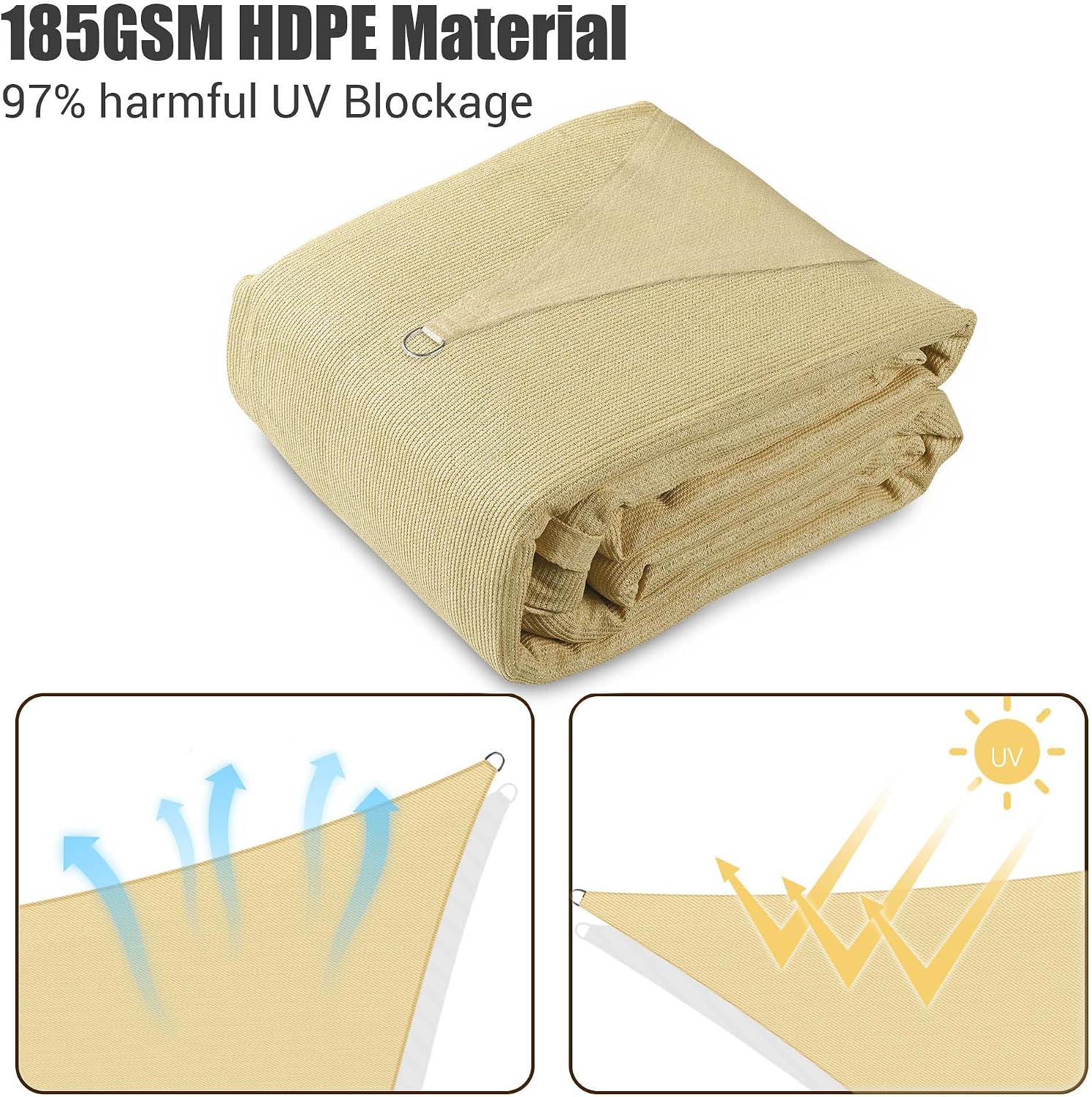 Yescom 1 Pack 12'x16' Rectangle Sun Shade Sail Beige 97% UV Block Outdoor Patio Pool Garden Yard Lawn Carport Cover Net Awning Canopy