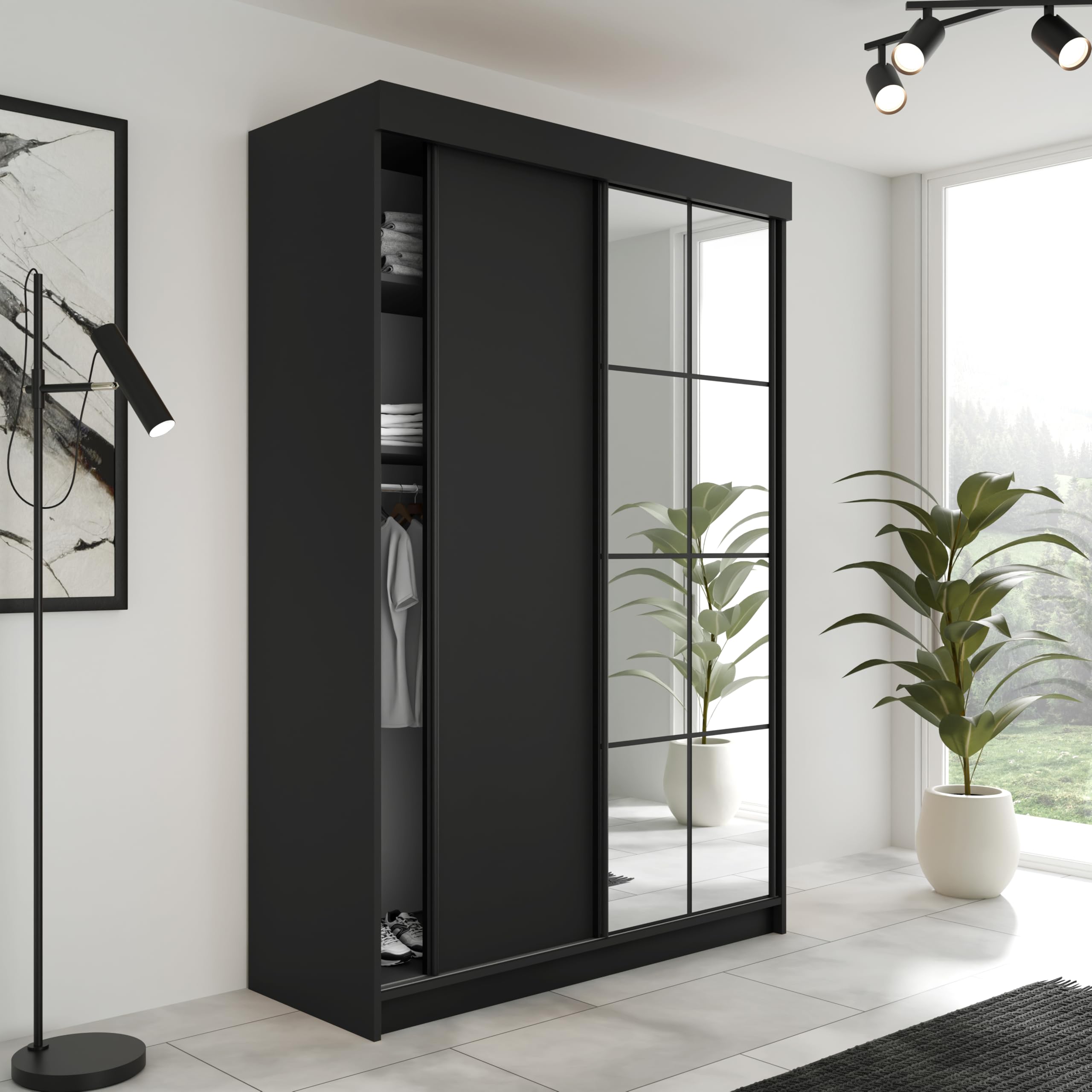 KIER FURNITURE Szafa z Lustrem Czarny 138x205x59 cm | Szafa z dzwiami przesuwanymi, Szafa do sypialni, Garderoba, Organizacja sypialni