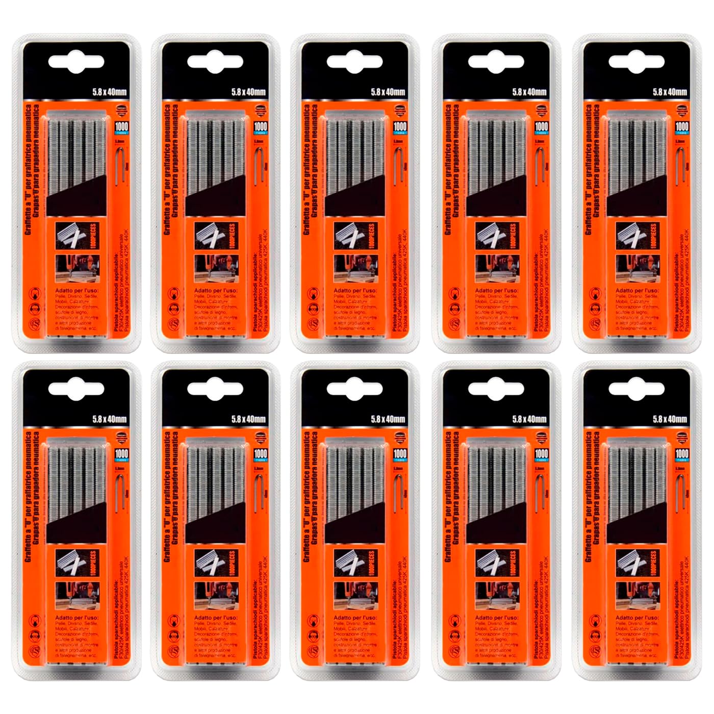 Tradineur - Pack de 10 blisters de 1000 Grapas para grapadoras neumáticas - Fabricado en hierro - Grapas de 5,8 x 40 mm