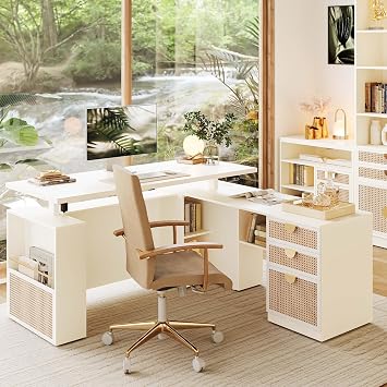 63" L Shaped Electric Standing Desk, Privacy Panel | White Rattan, 1.18" Desktop Executive Height Adjustable Desk for Home Office