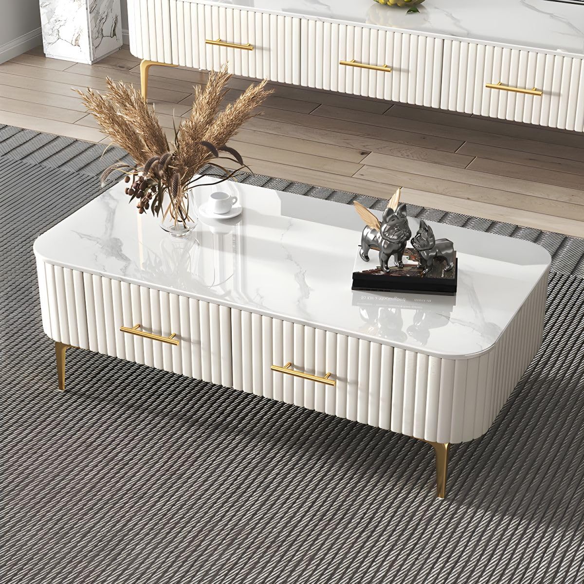 Table basse rectangulaire Glam blanche aux finitions contemporaines de prestige