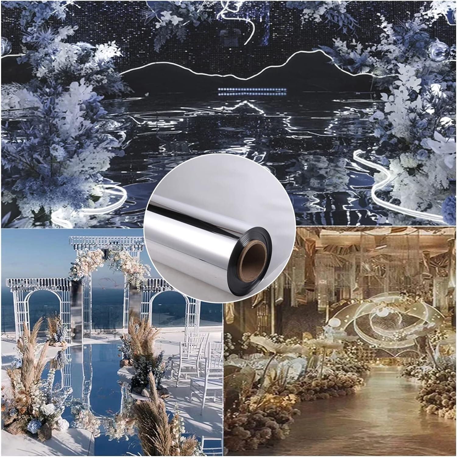 Glissière d'allée de mariage miroir double face tapis réfléchissant argent pour fête 1x10m