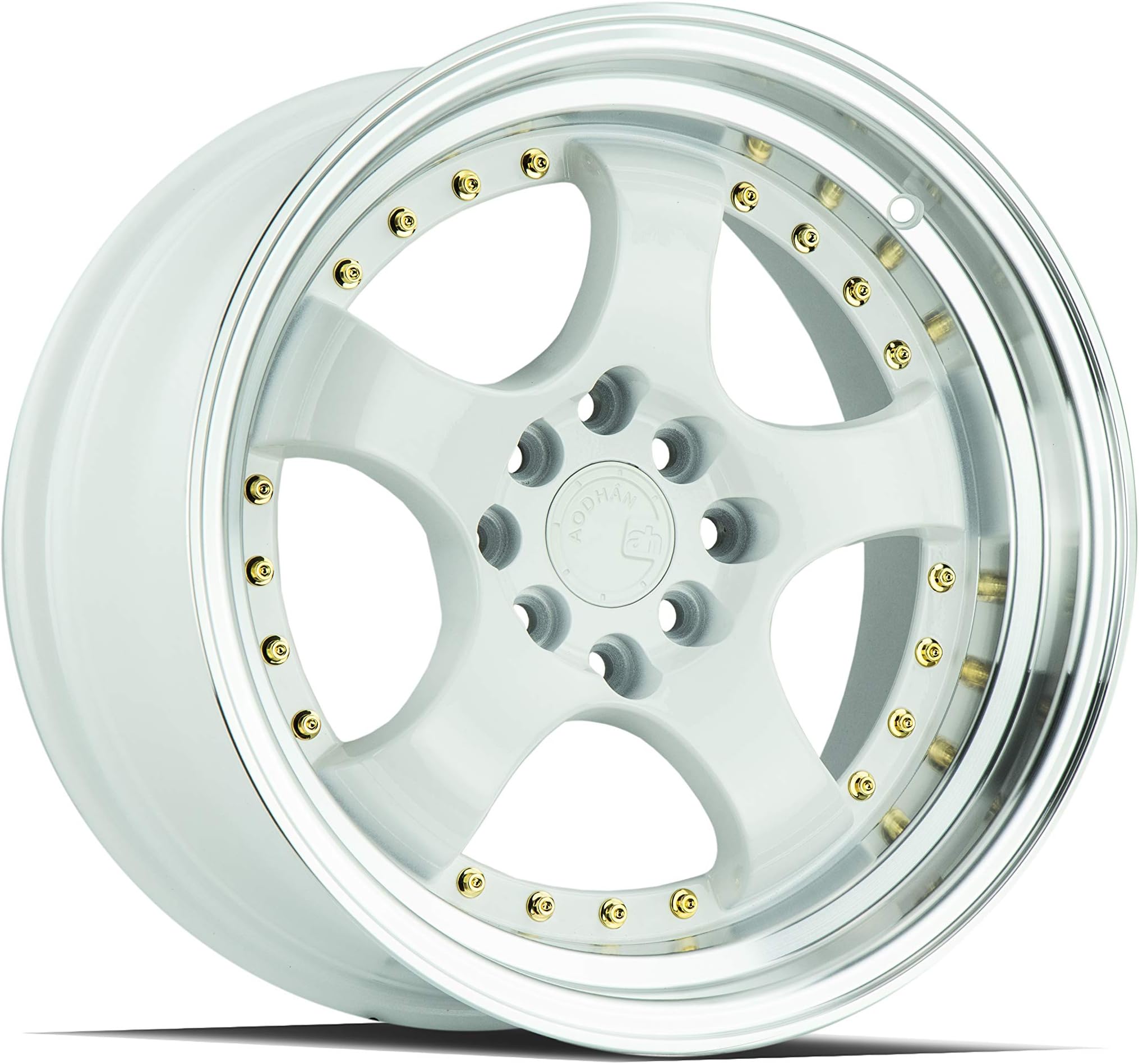 AodHan AH03 Wheel - White Machined Lip (Gold Rivets): 16x8 Wheel Size; 4x100/114.3 Lug Pattern; 73.1mm Hug Bore; 15mm Off Set.