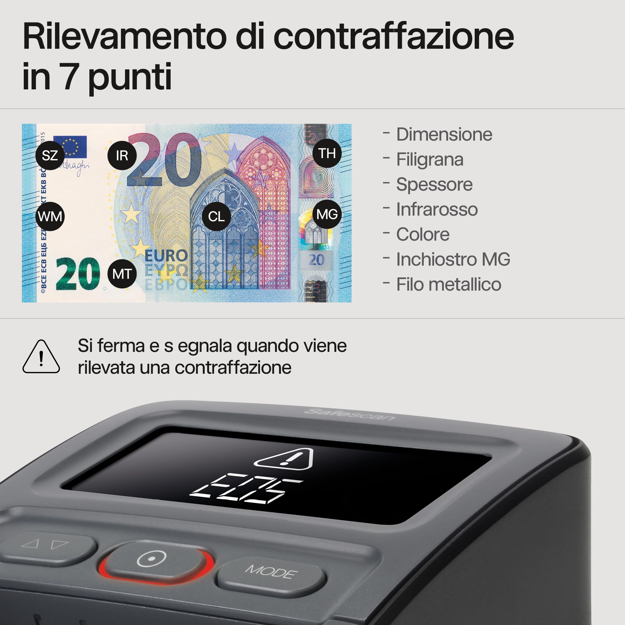 Safescan 155-S Verifica banconote portatile completo che verifica le banconote - Verificatore del falso a 7 punti - Accurato Verifica banconote al 100% con batteria e impilatore banconote inclusi