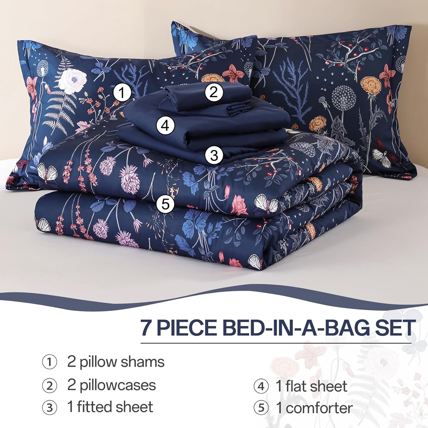 Yiran Queen Comforter Set, 7 Pieces Navy Blue Floral Soft Bedding Sets, Queen Bed in a Bag with Botanical Flowers Winter Comforter, Sheets, Pillowcases & Shams - Image 8