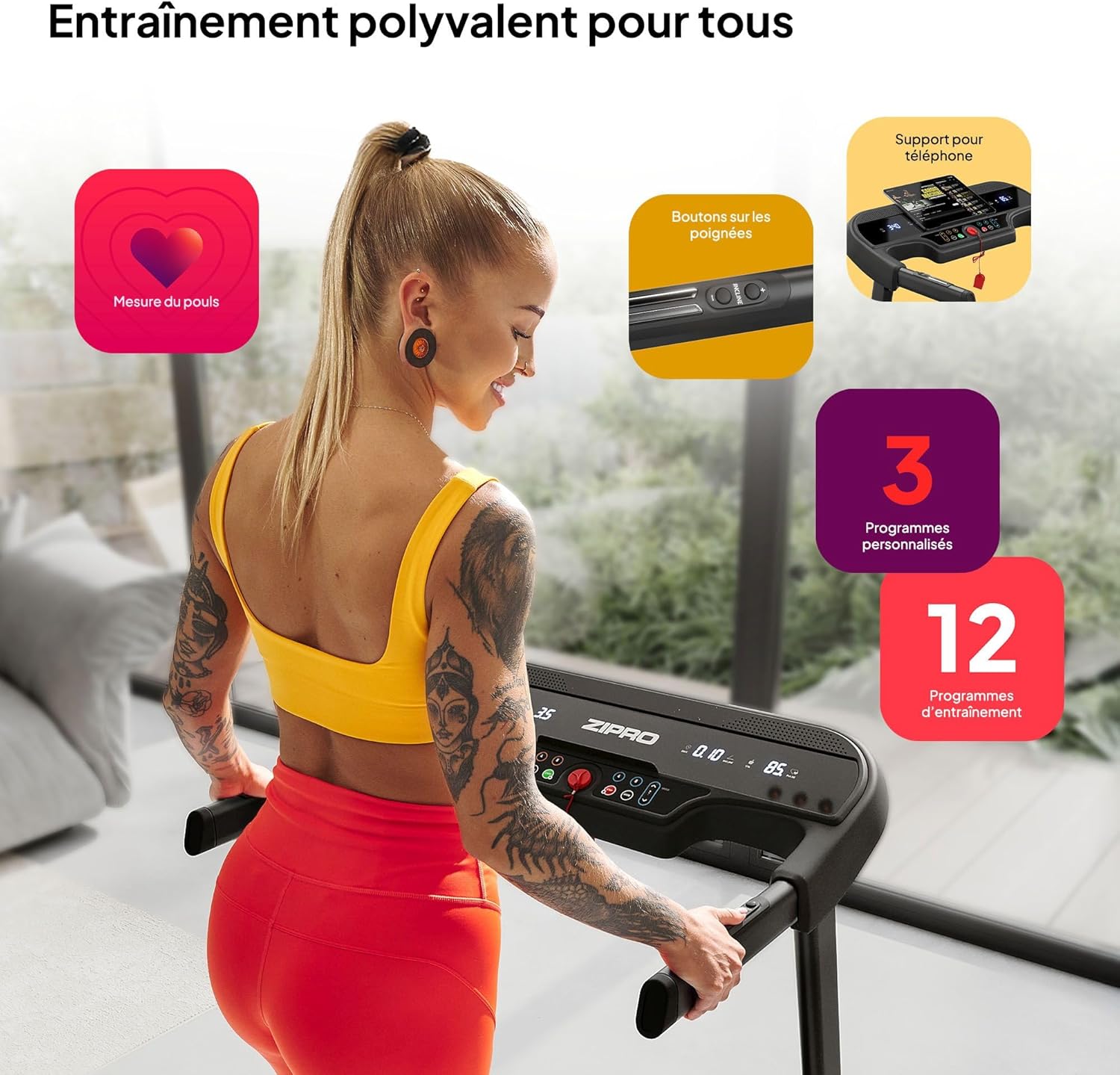A woman using the ZIPRO Pulse treadmill, with callouts highlighting features such as pulse measurement, control buttons on the handlebars, a phone holder, 3 personalized programs, and 12 training programs.