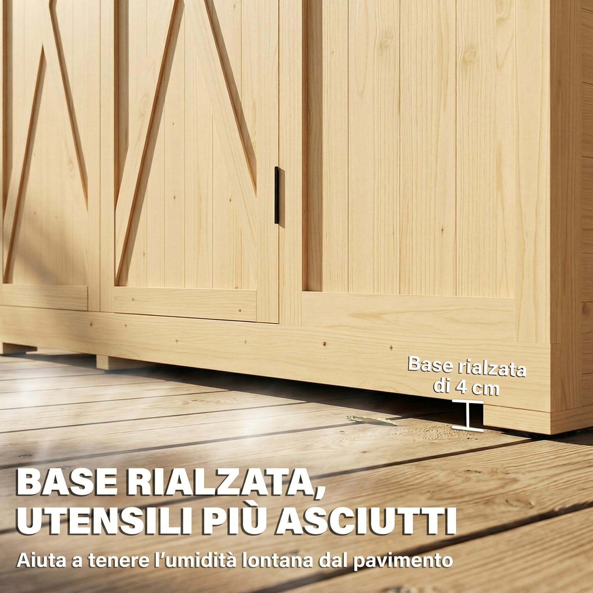 Outsunny Armadio da Giardino in Legno Abete Walk-in, Casetta Porta Attrezzi da Esterno con Tetto Inclinato Asfalto, 4 Finestre, 6 Ripiani, Prese d'Aria, Kit Antiribaltamento, 147x68x198cm, Color Legno