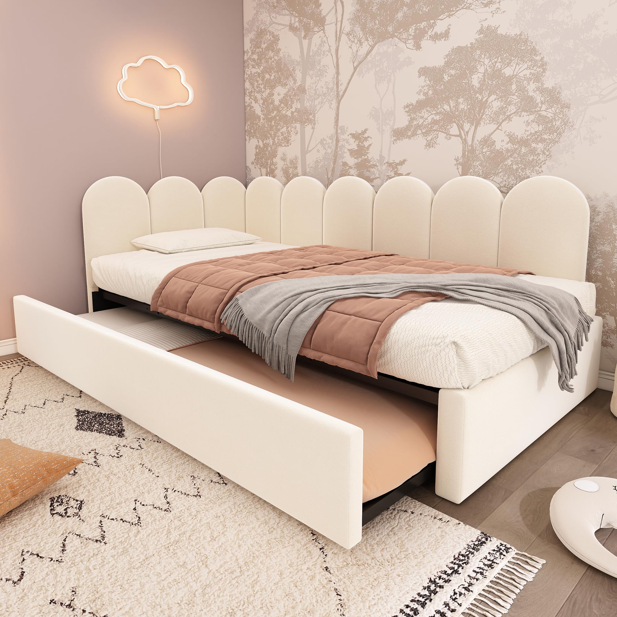 Zepneiy Letto 90 x 200 cm con letto estraibile da 90 x 190 cm, divano letto con lati intercambiabili, letto imbottito con doghe, culla da 90 x 200 cm, in velluto beige (senza materasso)