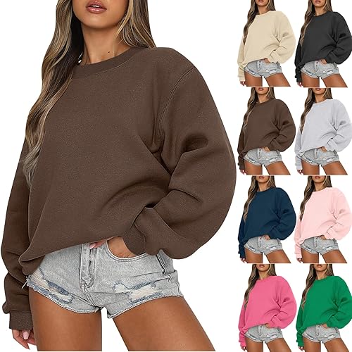 Jielayou Sudaderas de cuello redondo para mujer, con hombros caídos, forro polar, de gran tamaño, manga larga, casual, suelto, suéter de otoño