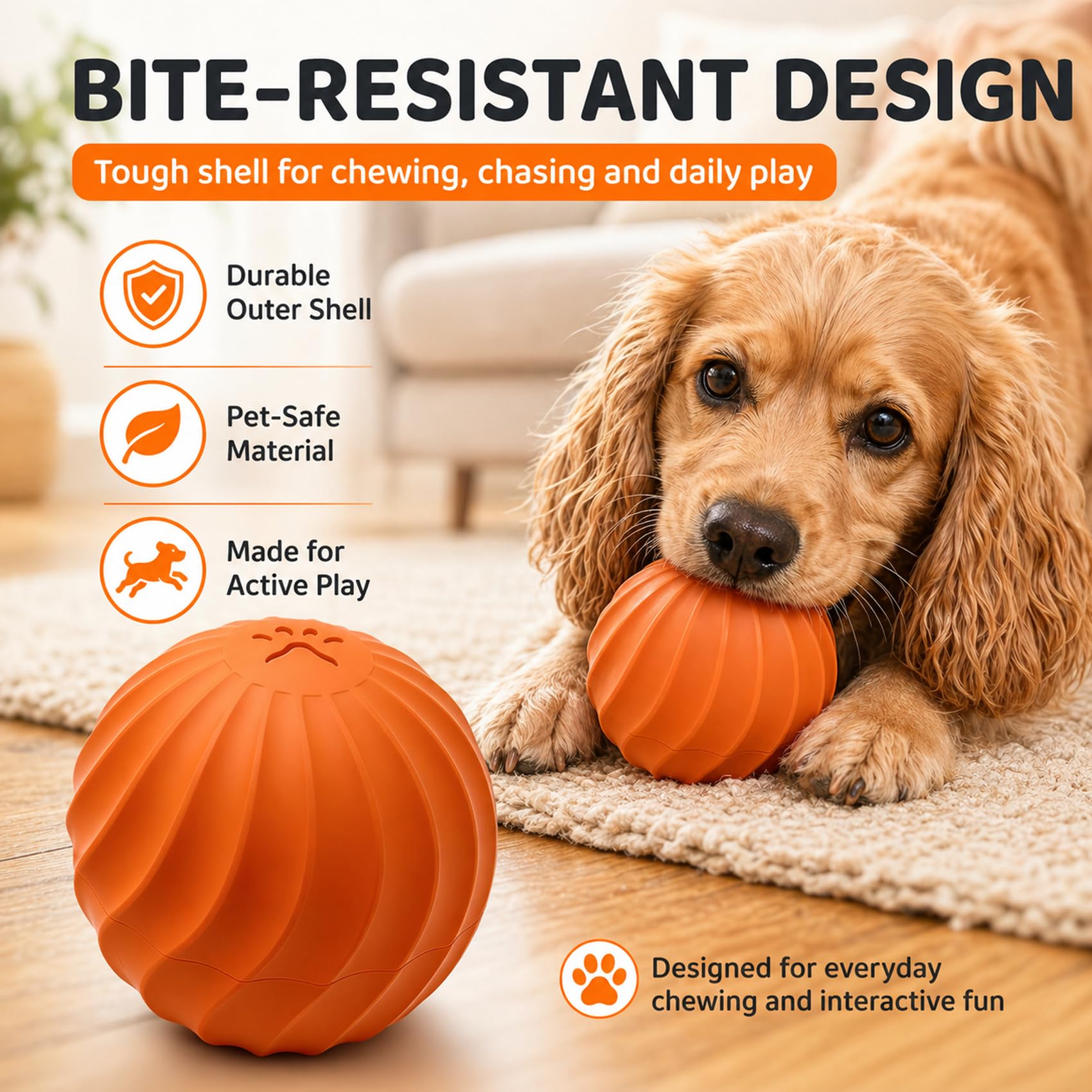 Balle interactive pour chien et chat - Avec détecteur de mouvement - Étanche IP67 et lavable - 2 modes de batterie 3H - Caoutchouc résistant aux morsures - Rechargeable par USB-C