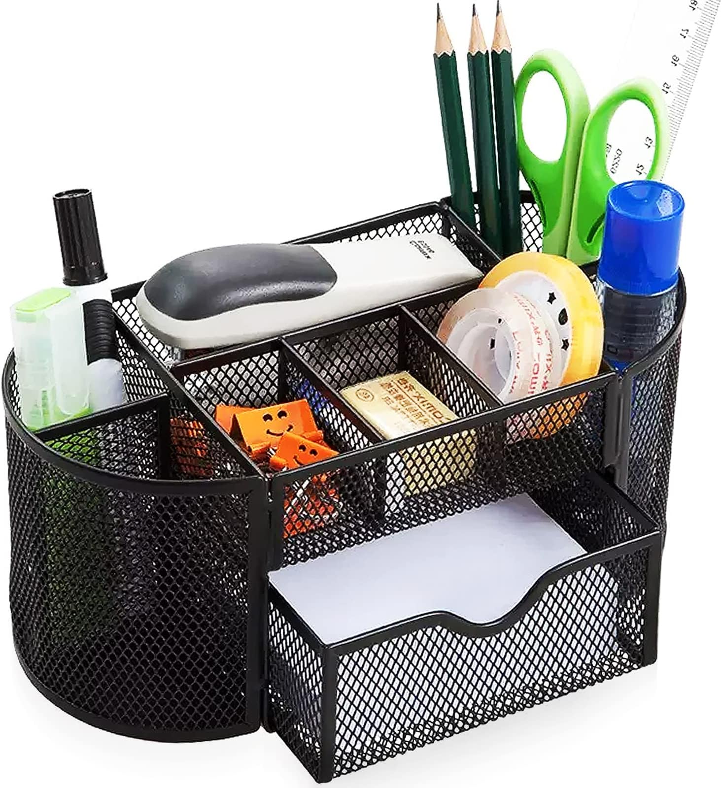 Cayxenful Mesh Desk Organizer Desktop Office Storage Multi-functional Pen Holder Stationery Organiser with 8 Compartments and 1 Drawer for Office, Home, School, Classroom- Black