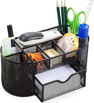 Cayxenful Mesh Desk Organizer Desktop Office Storage Multi-functional Pen Holder Stationery Organiser with 8 Compartments and 1 Drawer for Office, Home, School, Classroom- Black