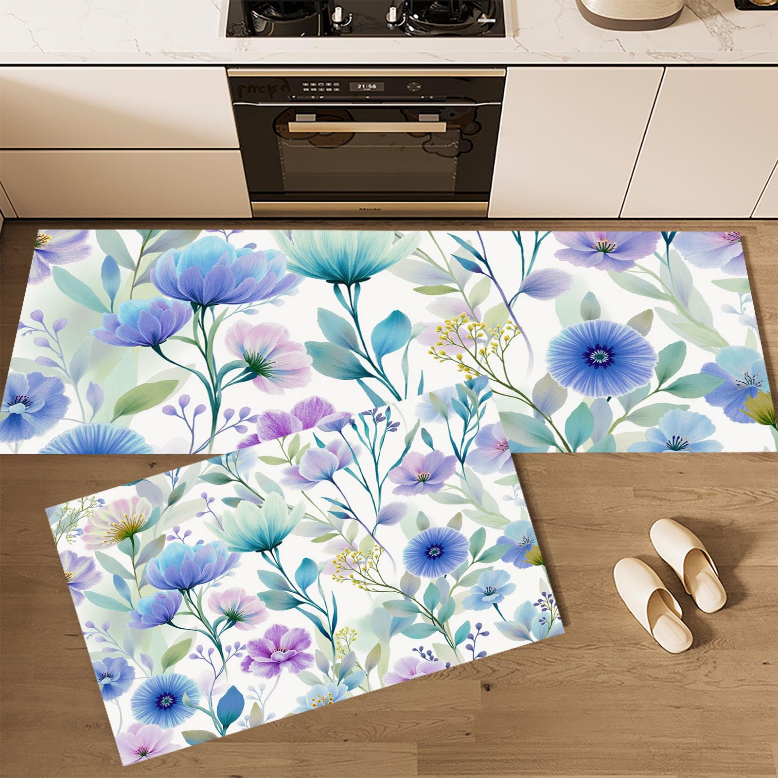 Alfombra de cocina antideslizante cian lavable con diseño floral de 50x80 y 50x150 cm