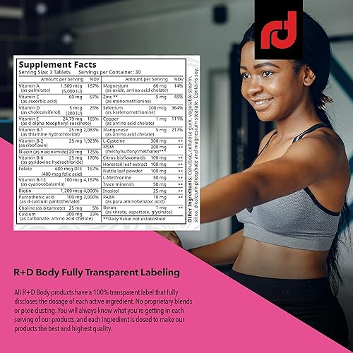 Miniatura 4 de R+D Body Fórmula premium para cabello, piel y uñas mezcla avanzada de nutrientes con biotina, colágeno y queratina, soporte antioxidante, promueve