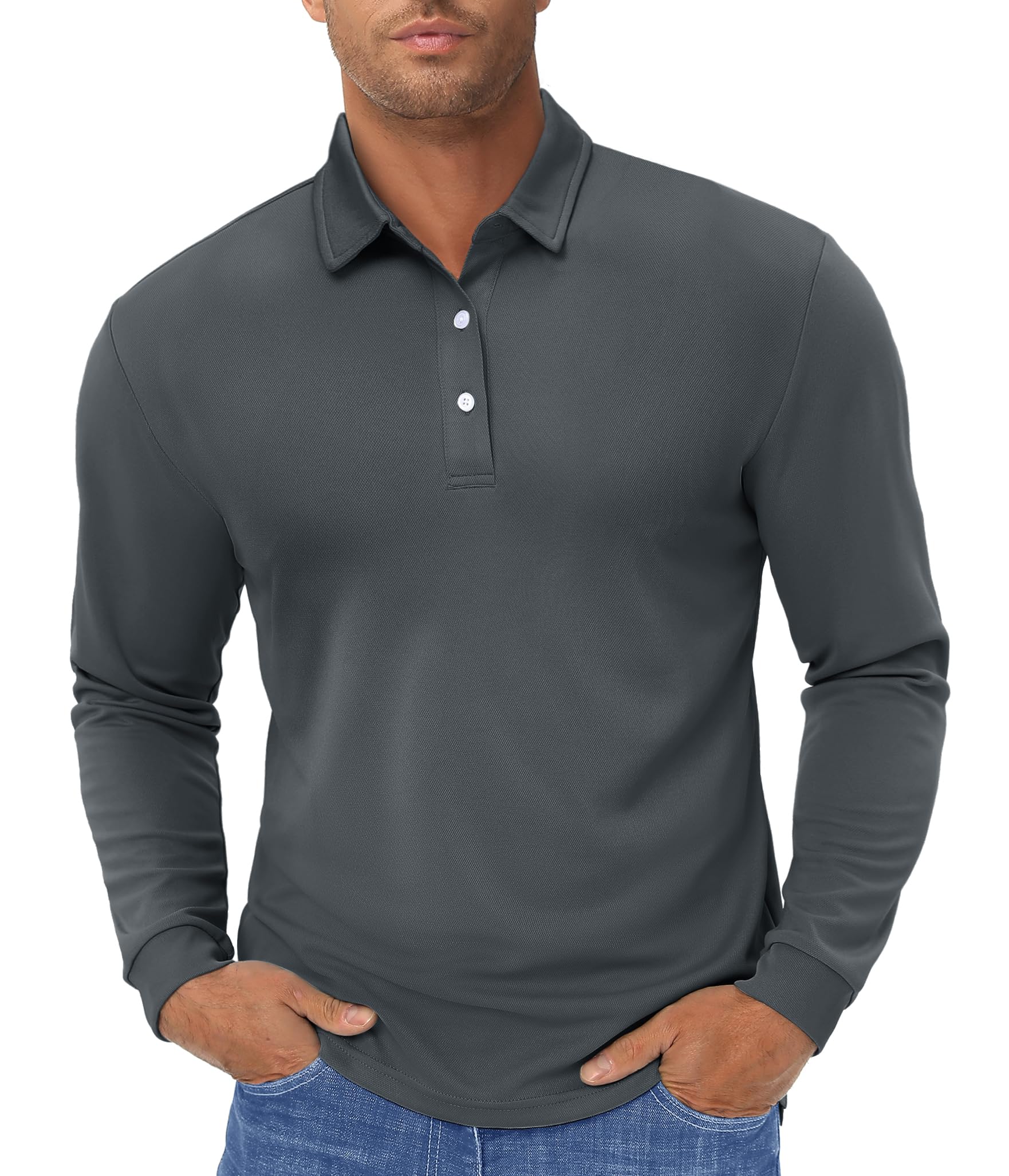 TACVASEN Men's Polo Shirts Long Sleeve Golf Quick Dry Moisture Wicking Lightweight Casual Shirt with 3-Buttons