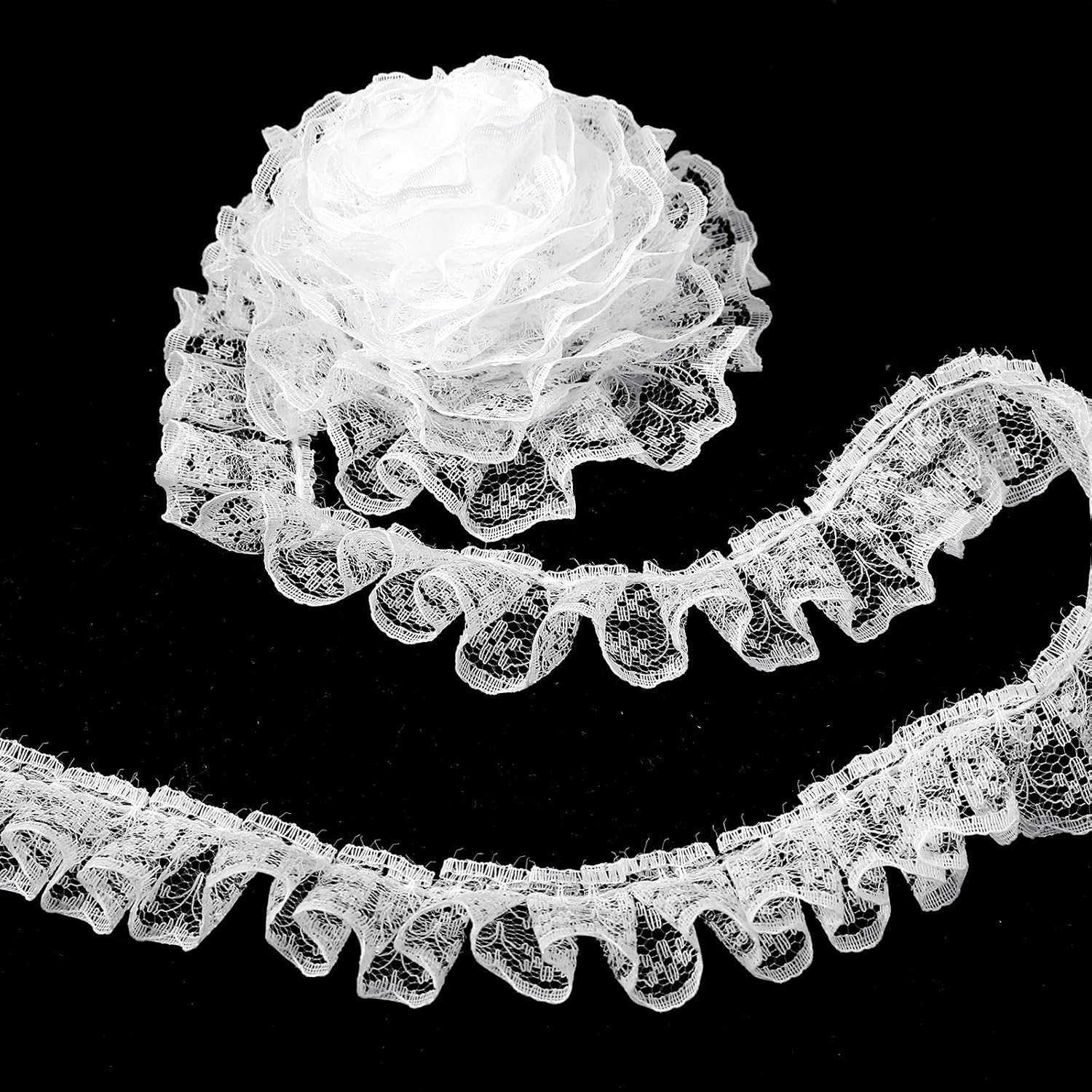 Grevosea 32.8ft Lace Trim, 1 Inch White Lace Fabric Pleated Edge Ruffle Trim Ribbon for Sewing Craft Wedding Bridal Dress Embellishment Christmas Applique Decorations
