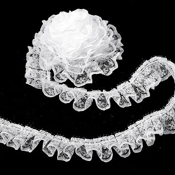 Grevosea 32.8ft Lace Trim, 1 Inch White Lace Fabric Pleated Edge Ruffle Trim Ribbon for Sewing Craft Wedding Bridal Dress Embellishment Christmas Applique Decorations