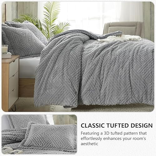 Miniatura 3 de Homelike Moment Juego de edredón mullido tamaño Queen, edredón gris cálido para invierno, tamaño Queen, juego de cama de 3 piezas