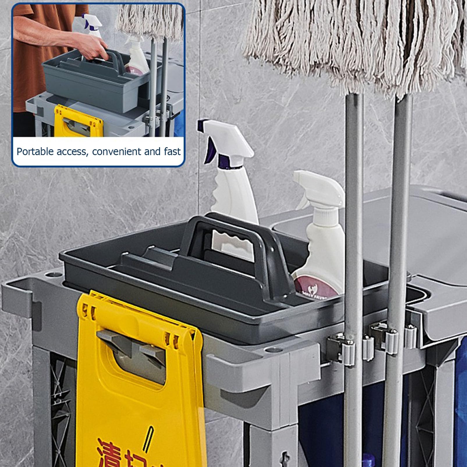 Carro de Limpieza Industrial Resistente con Organizador Multiusos y Soporte para fregona, Ideal para escuelas, comercios, hostelería y restaurantes.