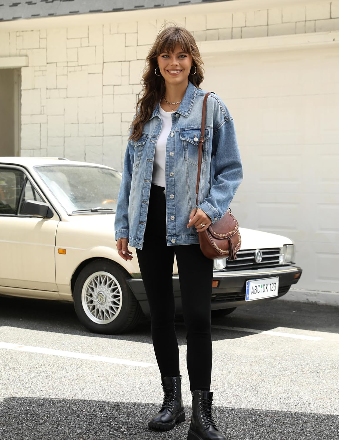 Omoone Women’s Oversized Mid Long Denim Jacket Jean Biker Coat