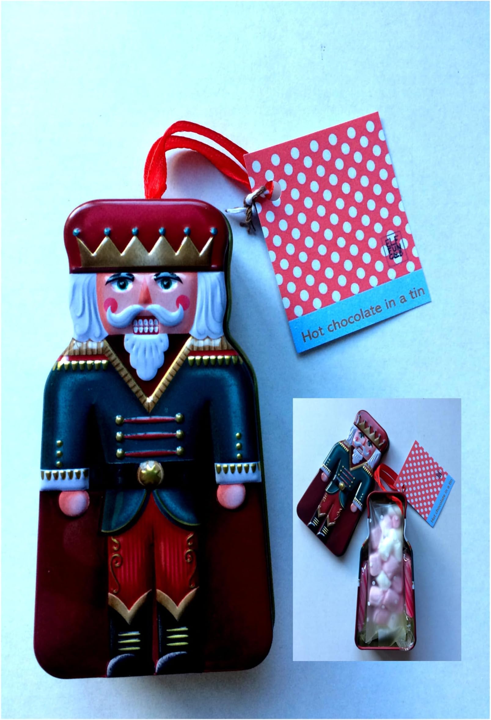 Nutcracker Snowman Soup Hot Chocolate, Marshmallows, Mini Candy Canes in a tin. Christmas Eve Box Xmas Stocking Filler Gift