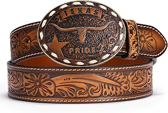 1.5" Brown Western Cowboy Belt - Genuine Leather | Floral Carvings,Full-Grain Leather, Western Buckles, Country Concerts, Rodeos, jeans
