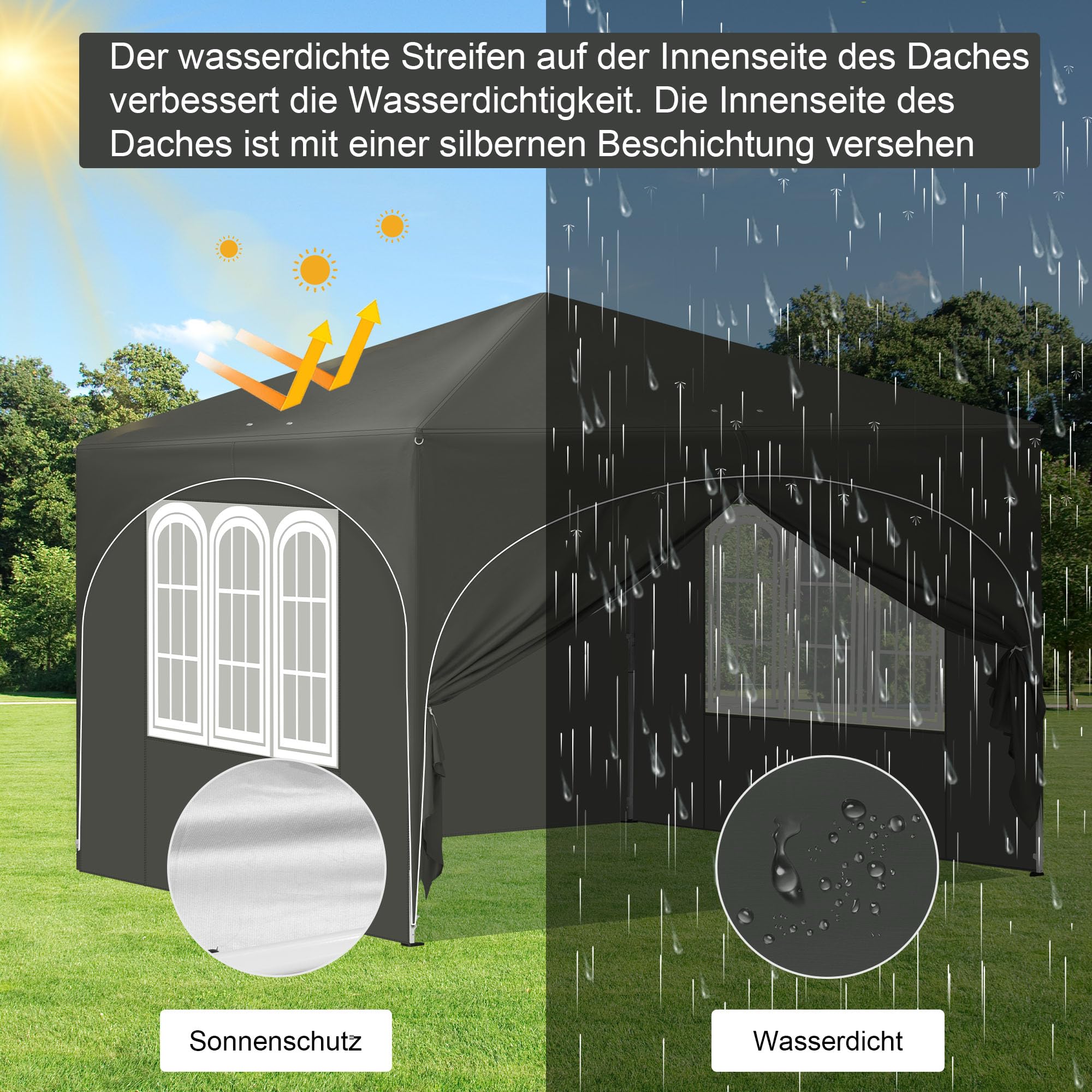 Laneetal Pop-Up Faltpavillon wasserfest Winterfest, Pavillon 3x3 m faltbar, Grillpavillon stabil, Gartenpavillon mit Seitenwänden Fenstern Tasche, für Camping Strand Garten, Grau