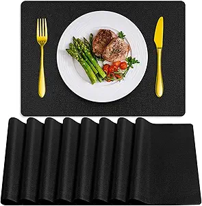 Placemats Set of 8, Washable Heat Resistant Table Placemats Wipeable Faux Leather Place Mats Non Slip, Waterproof Square Table Mats for Indoor Outdoor, Black