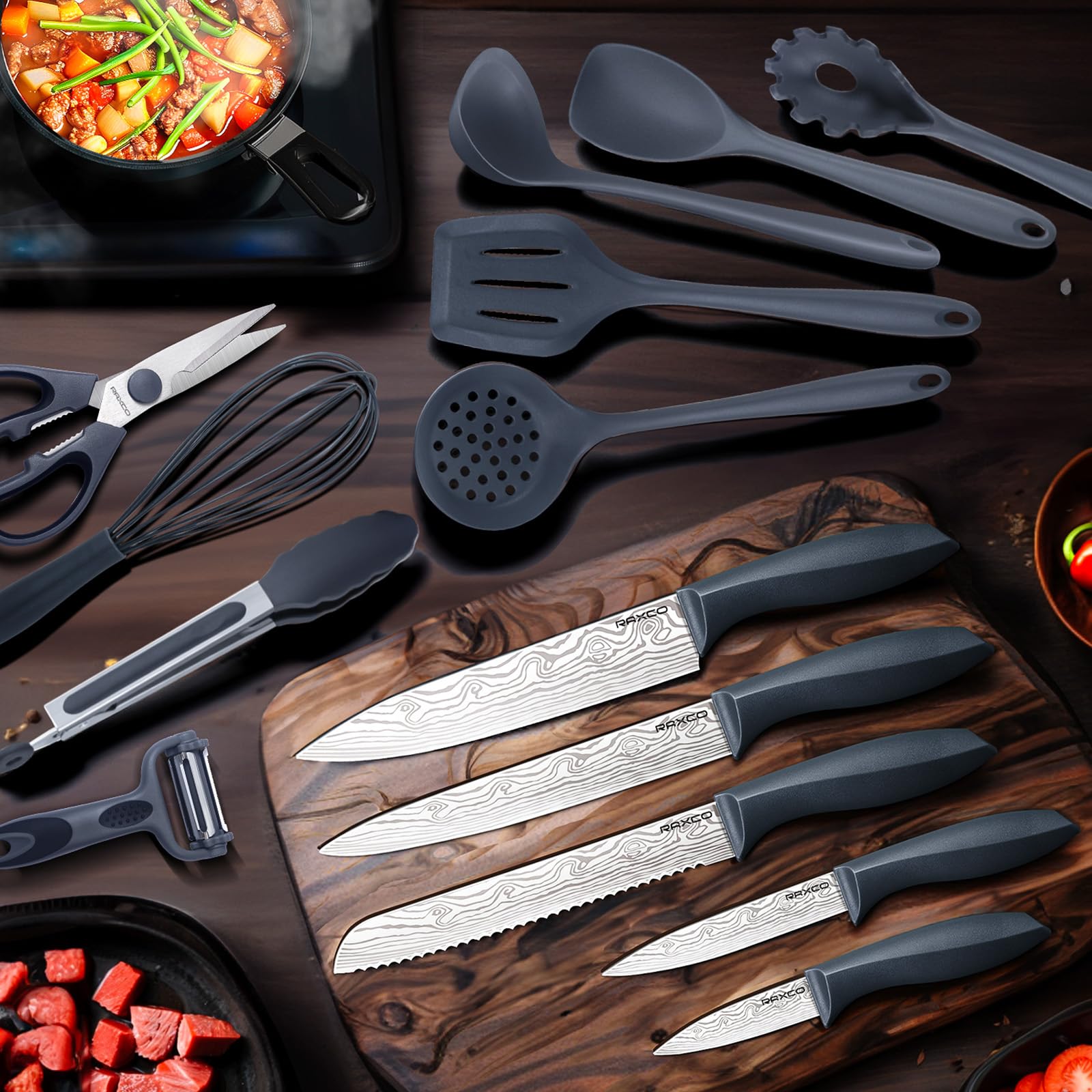 RAXCO Set di coltelli da cucina con blocco, 18 pezzi di utensili da cucina con 5 coltelli e 7 spatole in silicone (Grigio)