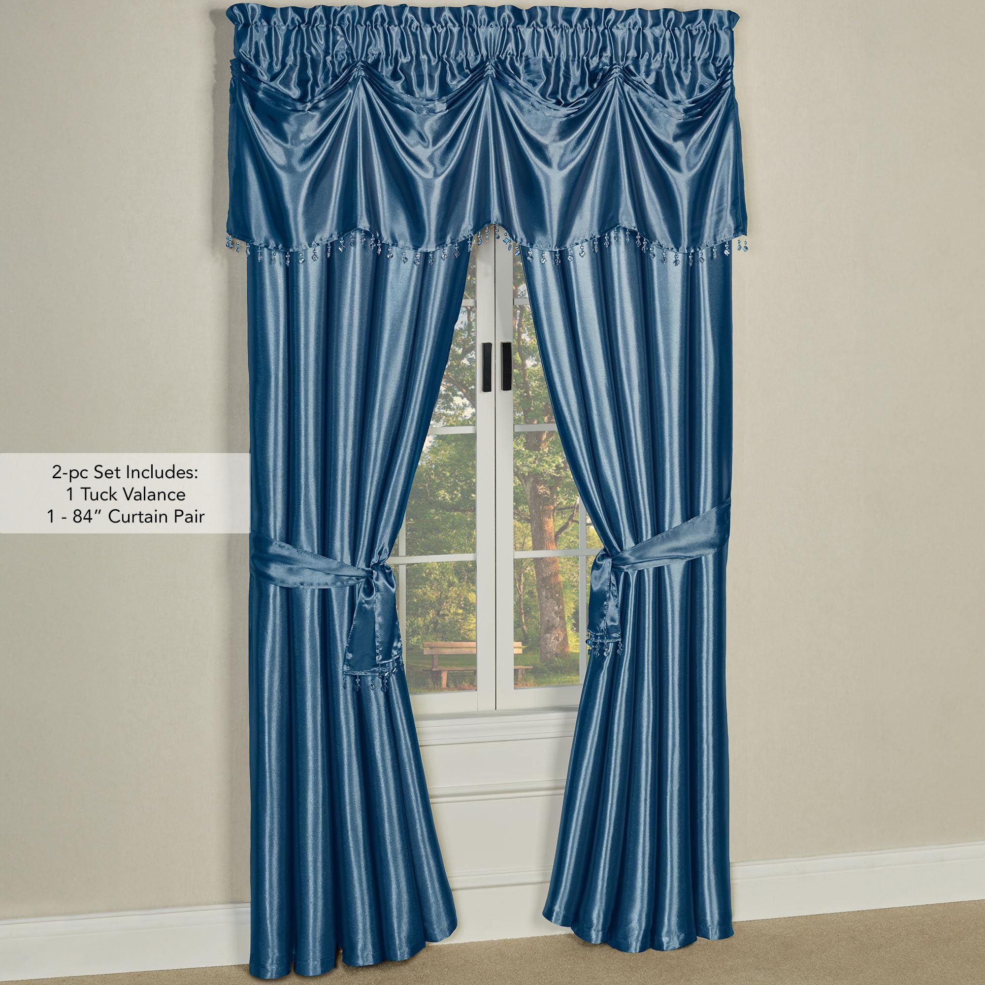 Touch of Class Portia Luxury Window Treatment | Rich Sapphire Blue | Premier Smooth Polyester Satin 2 Piece Window Drapery Set with Tuck Valance and 84 Inch Long Curtain Pair