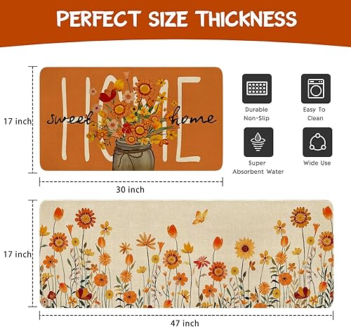 Miniatura 6 de Faptoena Juego de 2 alfombras de cocina de Acción de Gracias, diseño de girasoles y alfombras antideslizantes y lavables para decoración del hogar