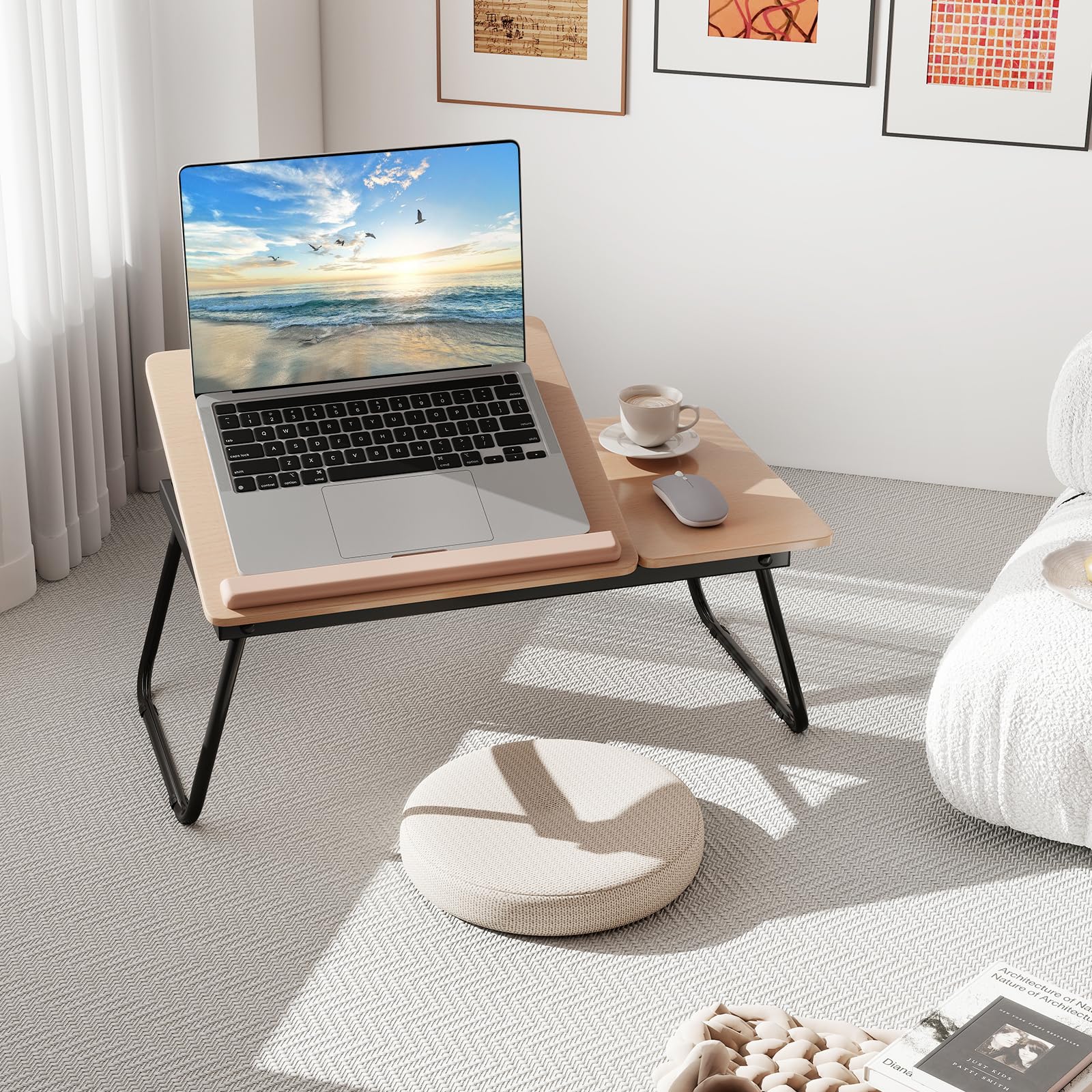 COSTWAY Table de Lit Pliable 55 x 32 cm, Plateau pour Ordinateur Portable avec 5 Angles d'Inclinaison Réglables, Cadre en Métal