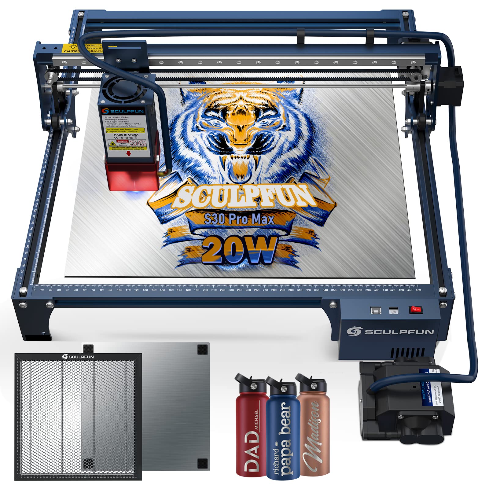 SCULPFUN S30 Pro Max 20 W Laser Engraving Machine, Automatic Air Assist Strongest Laser Head, Interchangeable Lens Design, Includes 400 x 400 Honeycomb Plate
